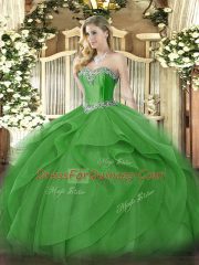 Green Three Pieces Beading and Ruffles Quinceanera Gown Lace Up Organza Sleeveless Floor Length