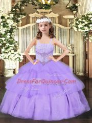 Glorious Sleeveless Floor Length Beading and Ruffled Layers Lace Up Kids Pageant Dress with Lavender