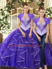 Pretty Purple Ball Gowns Straps Sleeveless Tulle Floor Length Lace Up Beading and Ruffles Ball Gown Prom Dress