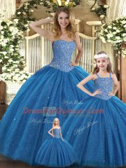 Teal Sleeveless Beading Floor Length Sweet 16 Dresses