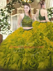 Beading and Ruffles Ball Gown Prom Dress Olive Green Zipper Sleeveless Floor Length