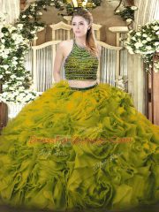 Beading and Ruffles Ball Gown Prom Dress Olive Green Zipper Sleeveless Floor Length