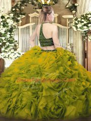Beading and Ruffles Ball Gown Prom Dress Olive Green Zipper Sleeveless Floor Length