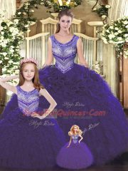 Smart Dark Purple Ball Gowns Tulle Scoop Sleeveless Beading and Ruffles Floor Length Lace Up Quinceanera Gown