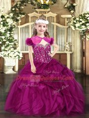Adorable Floor Length Fuchsia Little Girls Pageant Dress Organza Sleeveless Beading and Ruffles
