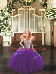 Purple Tulle Lace Up Bateau Sleeveless Floor Length Quince Ball Gowns Beading and Ruffles