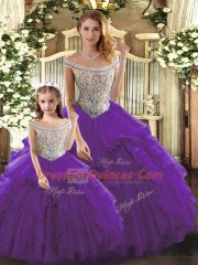 Purple Tulle Lace Up Bateau Sleeveless Floor Length Quince Ball Gowns Beading and Ruffles