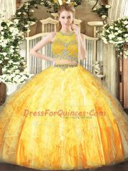 High End Floor Length Orange Vestidos de Quinceanera Scoop Sleeveless Zipper