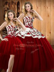 Floor Length Three Pieces Sleeveless Wine Red Vestidos de Quinceanera Lace Up