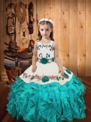 Enchanting Organza Straps Sleeveless Lace Up Embroidery and Ruffles Kids Pageant Dress in Aqua Blue