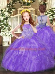 Floor Length Eggplant Purple Quinceanera Gown Organza Sleeveless Beading and Ruffles