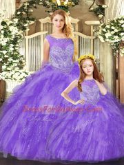 Floor Length Eggplant Purple Quinceanera Gown Organza Sleeveless Beading and Ruffles