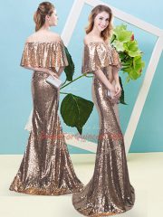 Graceful Gold Sequined Zipper Prom Gown Half Sleeves Floor Length Sequins