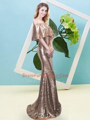 Graceful Gold Sequined Zipper Prom Gown Half Sleeves Floor Length Sequins
