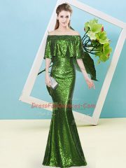 High Quality Off The Shoulder Half Sleeves Zipper Evening Dress Green Sequined