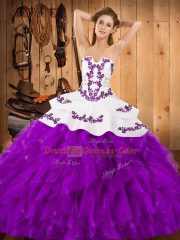 Eggplant Purple Satin and Organza Lace Up Sweet 16 Dress Sleeveless Floor Length Embroidery and Ruffles