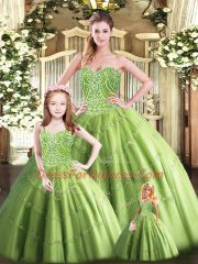 Custom Designed Olive Green Ball Gowns Sweetheart Sleeveless Tulle Floor Length Lace Up Beading Quinceanera Dresses