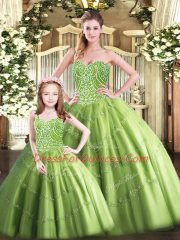 Custom Designed Olive Green Ball Gowns Sweetheart Sleeveless Tulle Floor Length Lace Up Beading Quinceanera Dresses