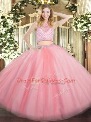 Gorgeous Beading Quince Ball Gowns Baby Pink Zipper Sleeveless Floor Length