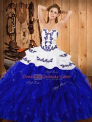 Blue And White Strapless Lace Up Embroidery and Ruffles Sweet 16 Dress Sleeveless