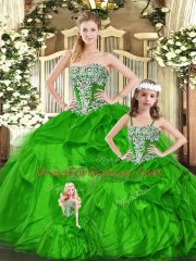 Customized Strapless Sleeveless Quince Ball Gowns Floor Length Beading and Ruffles Green Organza