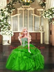 Customized Strapless Sleeveless Quince Ball Gowns Floor Length Beading and Ruffles Green Organza