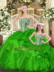 Customized Strapless Sleeveless Quince Ball Gowns Floor Length Beading and Ruffles Green Organza