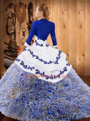 Top Selling Multi-color Lace Up Strapless Embroidery Vestidos de Quinceanera Satin and Fabric With Rolling Flowers Sleeveless Sweep Train