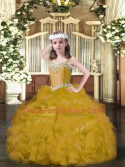 Classical Brown Little Girl Pageant Gowns Party and Quinceanera with Beading and Ruffles Straps Sleeveless Lace Up