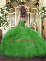 Best Green Sleeveless Beading and Ruffles Floor Length Evening Gowns