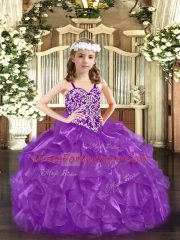 Purple Ball Gowns Organza Straps Sleeveless Beading Floor Length Lace Up Little Girl Pageant Gowns
