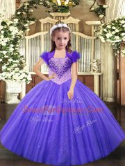 Lavender Ball Gowns Beading Pageant Dresses Lace Up Tulle Sleeveless Floor Length