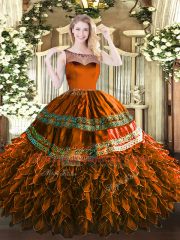 Elegant Floor Length Zipper Ball Gown Prom Dress Rust Red for Sweet 16 and Quinceanera with Beading and Appliques and Ruffles