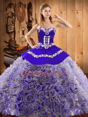 Great Satin and Fabric With Rolling Flowers Sweetheart Sleeveless Sweep Train Lace Up Embroidery Quinceanera Gowns in Multi-color