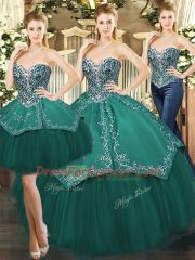 Noble Dark Green Ball Gowns Beading and Appliques Sweet 16 Dress Lace Up Tulle Sleeveless Floor Length