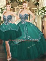 Noble Dark Green Ball Gowns Beading and Appliques Sweet 16 Dress Lace Up Tulle Sleeveless Floor Length