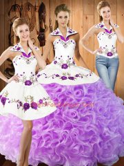 Fantastic Lilac Three Pieces Fabric With Rolling Flowers Halter Top Sleeveless Embroidery Floor Length Lace Up Ball Gown Prom Dress