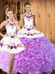 Fantastic Lilac Three Pieces Fabric With Rolling Flowers Halter Top Sleeveless Embroidery Floor Length Lace Up Ball Gown Prom Dress