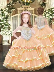 Low Price Peach Sleeveless Floor Length Beading and Ruffles Lace Up Quinceanera Gown