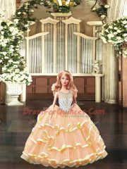 Low Price Peach Sleeveless Floor Length Beading and Ruffles Lace Up Quinceanera Gown