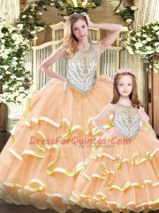 Low Price Peach Sleeveless Floor Length Beading and Ruffles Lace Up Quinceanera Gown