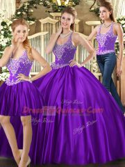 Purple Sleeveless Tulle Lace Up Vestidos de Quinceanera for Military Ball and Sweet 16 and Quinceanera