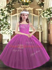 Purple Tulle Lace Up Straps Sleeveless Floor Length Girls Pageant Dresses Beading