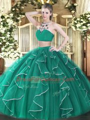 Custom Fit Floor Length Turquoise Quinceanera Dress High-neck Sleeveless Backless