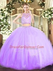 Sexy Scoop Sleeveless Zipper Quinceanera Gowns Lavender Tulle