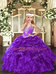 Excellent Purple Organza Lace Up Child Pageant Dress Sleeveless Floor Length Beading and Ruffles and Pick Ups
