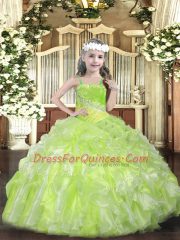 Organza Straps Sleeveless Lace Up Beading and Ruffles Kids Formal Wear in Yellow Green
