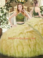 Beautiful Yellow Green Zipper Halter Top Beading and Ruffles Sweet 16 Quinceanera Dress Organza Sleeveless