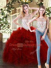 Ball Gowns Sweet 16 Quinceanera Dress Wine Red Scoop Tulle Sleeveless Floor Length Zipper