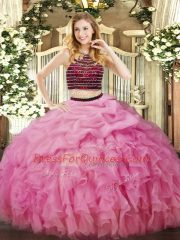 Fashion Sleeveless Floor Length Beading and Ruffles Zipper 15th Birthday Dress with Rose Pink